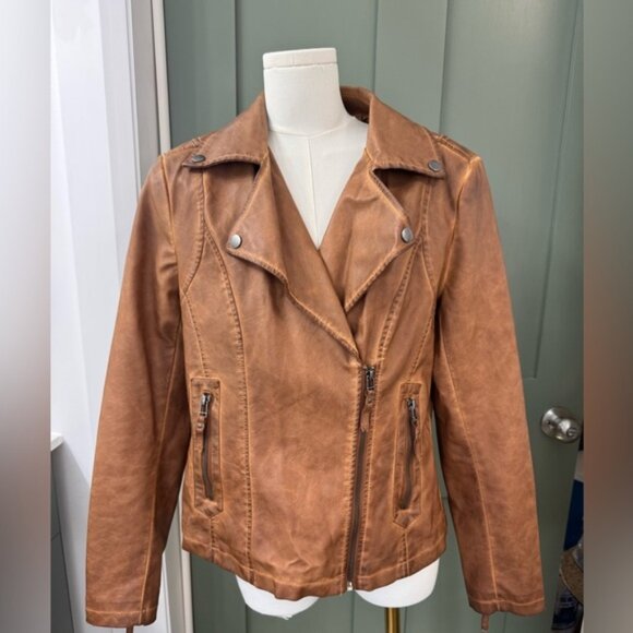 NWOT Max Studio Washed Faux Leather Moto Jacket - Brown S Small Fall Jacket - Picture 1 of 4